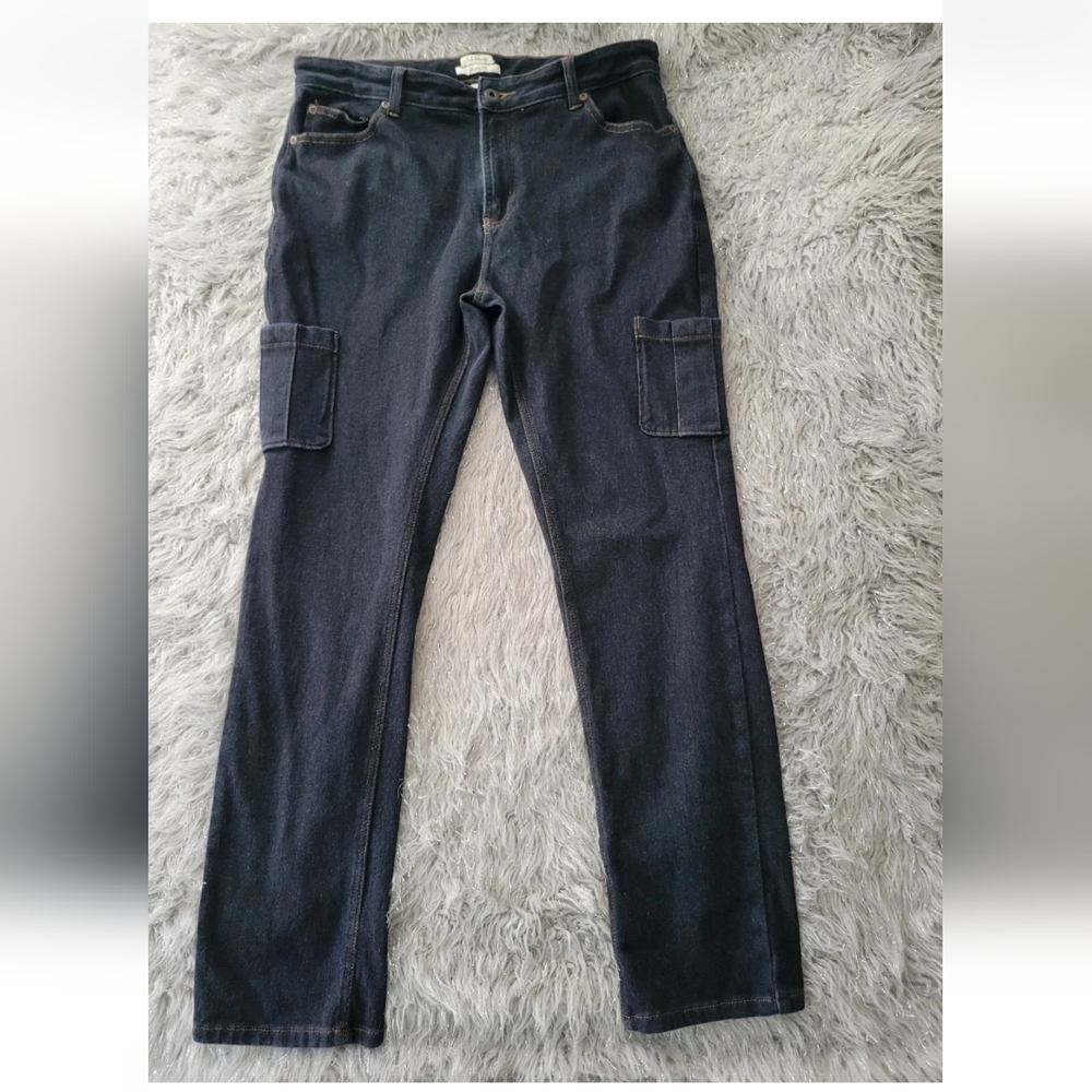 LL Bean Jeans Womens Dark Wash Classic Fit Cargo Straight Leg Retro Stretch 12